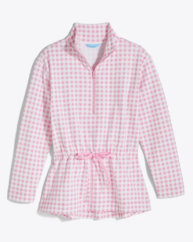 Cinch Waist Quarter-Zip in Pink Gingham