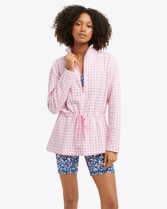 Cinch Waist Quarter-Zip in Pink Gingham