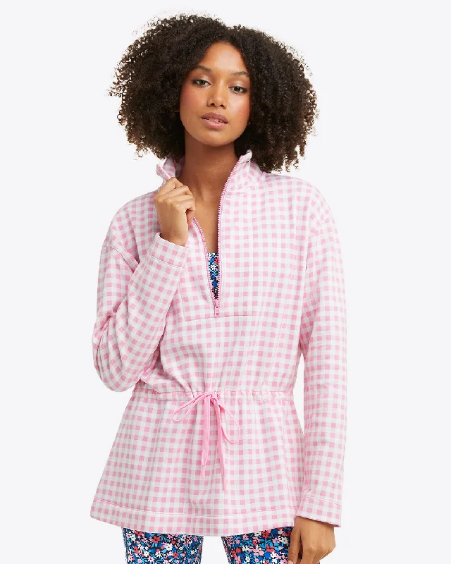 Cinch Waist Quarter-Zip in Pink Gingham