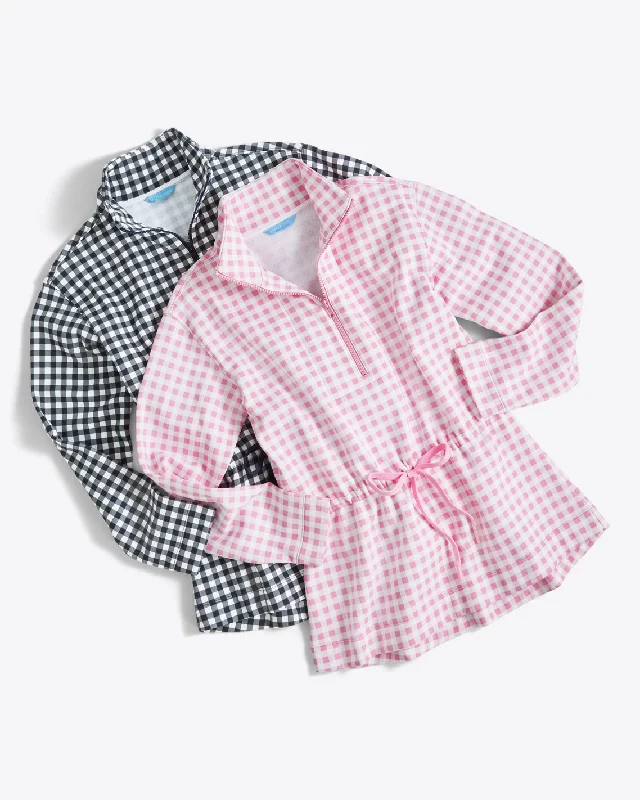 Cinch Waist Quarter-Zip in Pink Gingham