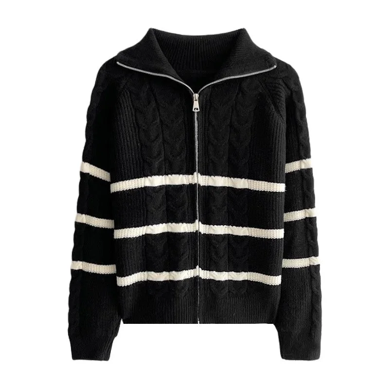 double zipper casual striped sweater jacket   S4772