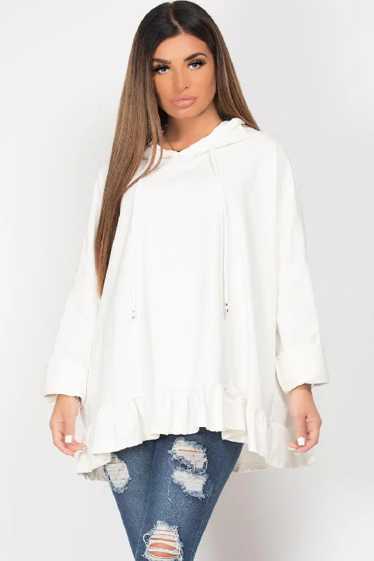 Frill Hem Oversized Hoodie Cream