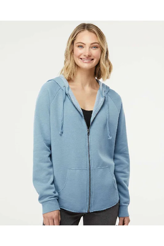 Independent Trading Co. Womens California Wave Wash Full Zip Hooded Sweatshirt Hoodie - Misty Blue - NEW