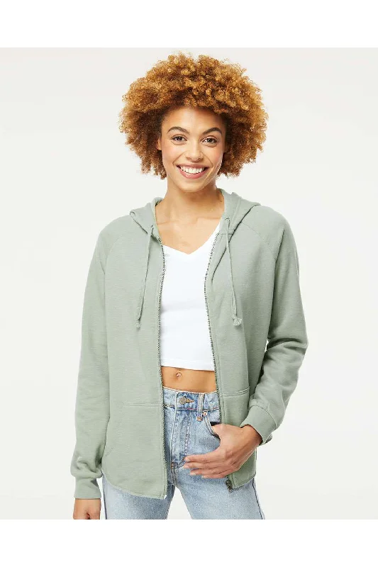 Independent Trading Co. Womens California Wave Wash Full Zip Hooded Sweatshirt Hoodie - Sage Green - NEW