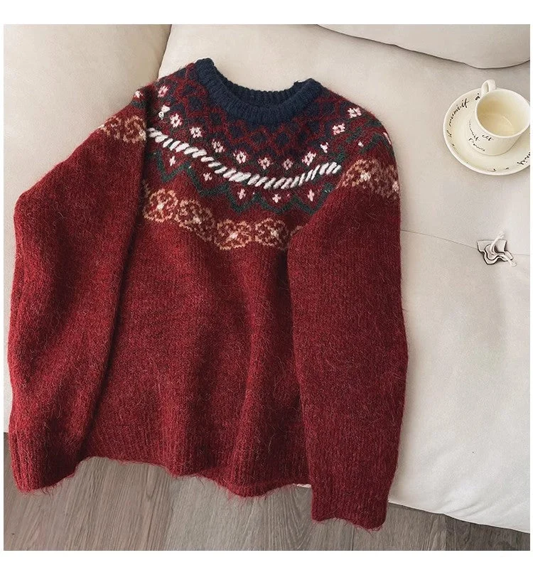 jacquard round neck sweater for women fashionable long-sleeved sweater     S4801