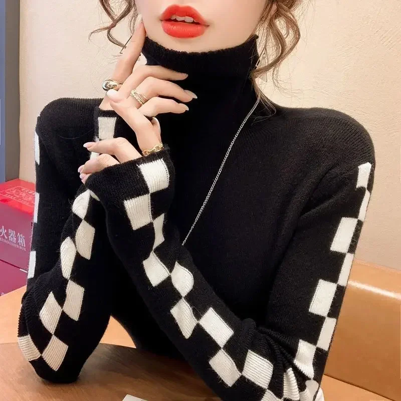 Knitted Women's Autumn Winter 2022 New Korean Version Temperament Versatile Long-sleeved TopTurtleneck Plaid Undershirt Sweater