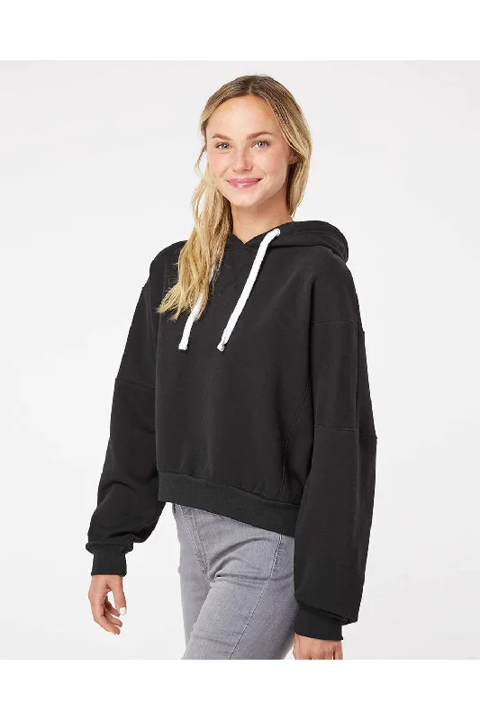 MV Sport Womens Sueded Fleece Crop Hooded Sweatshirt Hoodie - Black - NEW