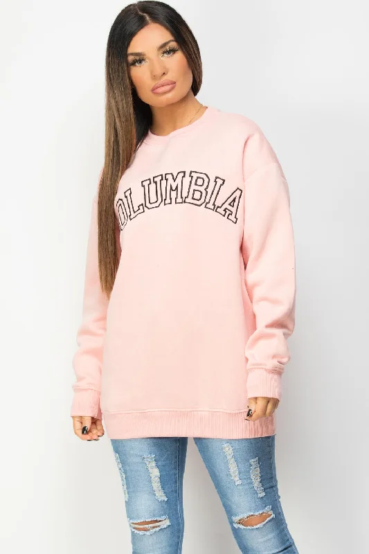 Oversized Sweatshirt With Columbia Embroidery Pink