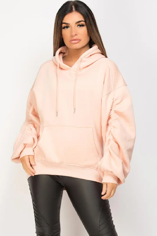 Pink Ruched Sleeve Oversized Hoodie