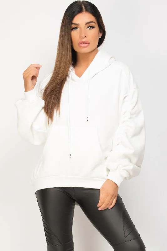 Ruched Sleeve Oversized Hoodie Off White