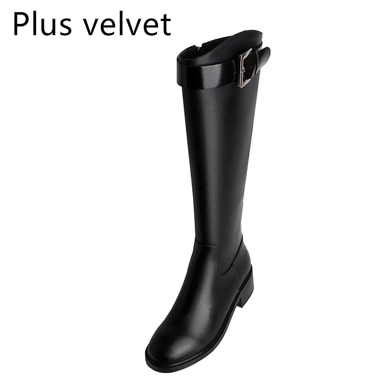 Reel Leather Knee Boots Shallow Round Toe Platform Boots Velvet Winter Boots for Women Winter Knight Boots for Ladies +