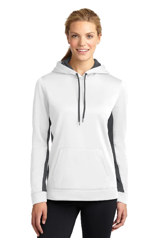 Sport-Tek Womens Sport-Wick Moisture Wicking Fleece Hooded Sweatshirt Hoodie - White/Dark Smoke Grey