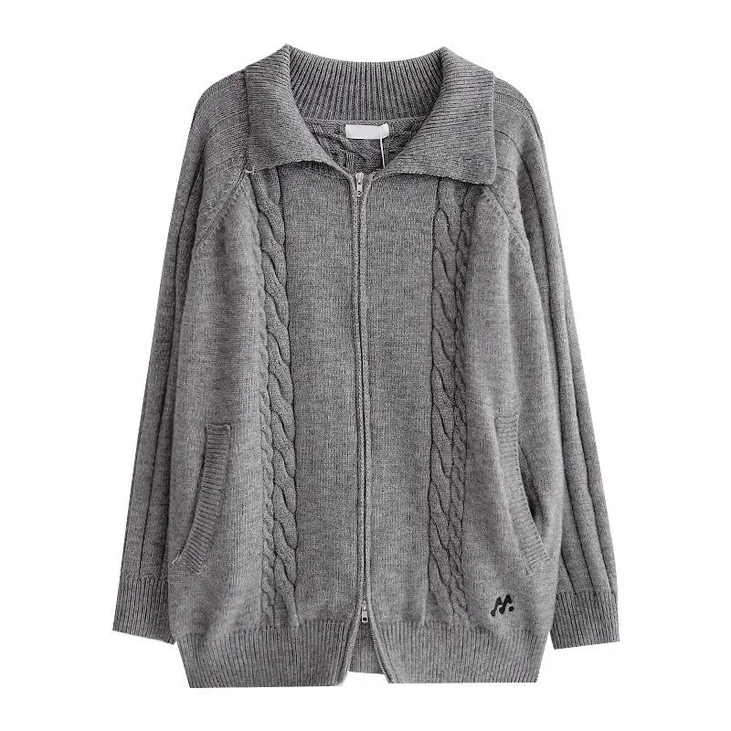 sweater cardigan double zipper long-sleeved sweater jacket     S4776