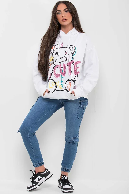 White Oversized Hoodie With Teddy Bear Graphic Print