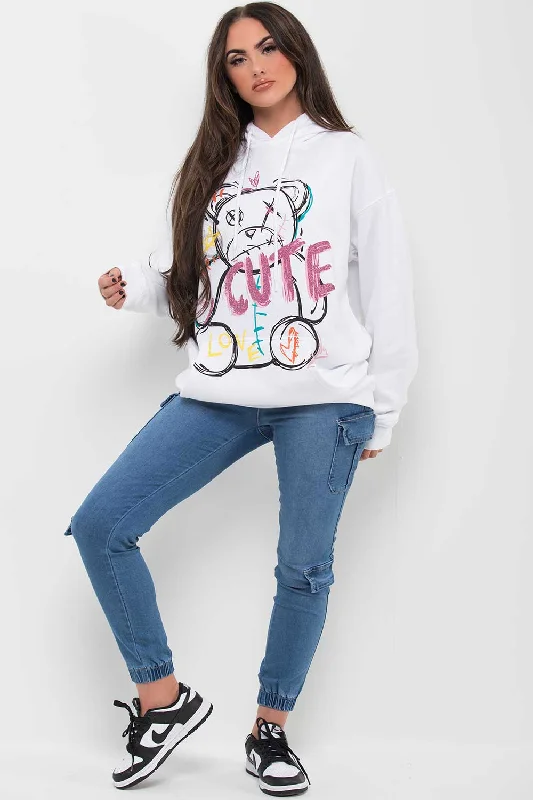 White Oversized Hoodie With Teddy Bear Graphic Print