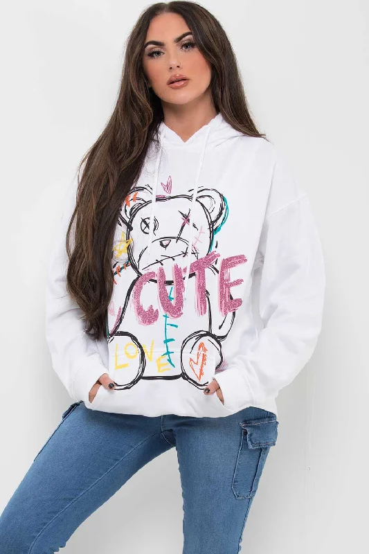 White Oversized Hoodie With Teddy Bear Graphic Print