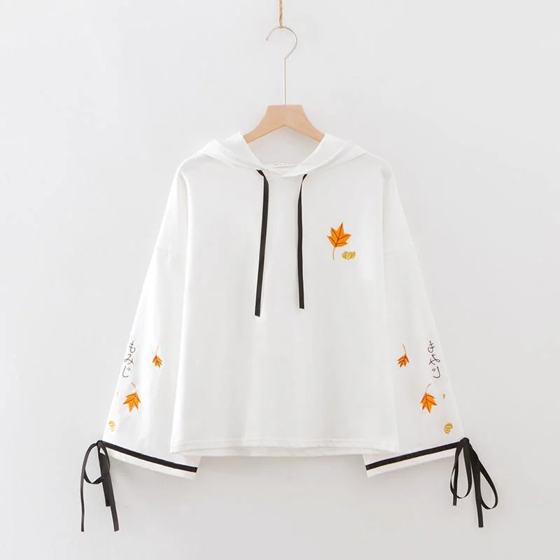 Women's Harajuku Maple Leaf Embroidered Lace-up Sleeved Hoodies 