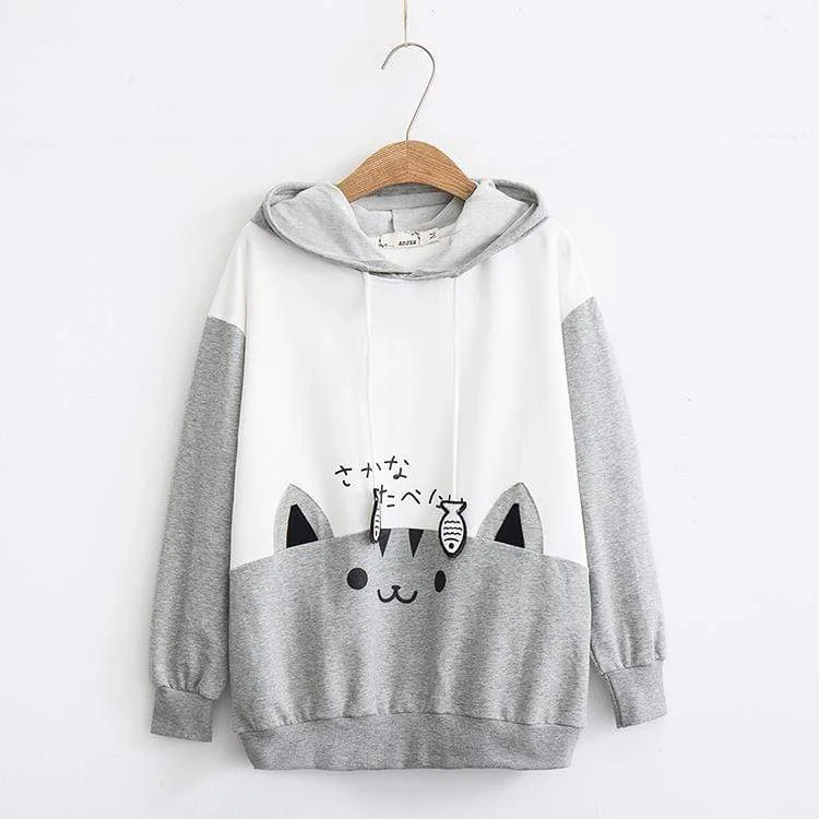 Women's Kawaii Big Cat Printed Contrast Color Hoodies