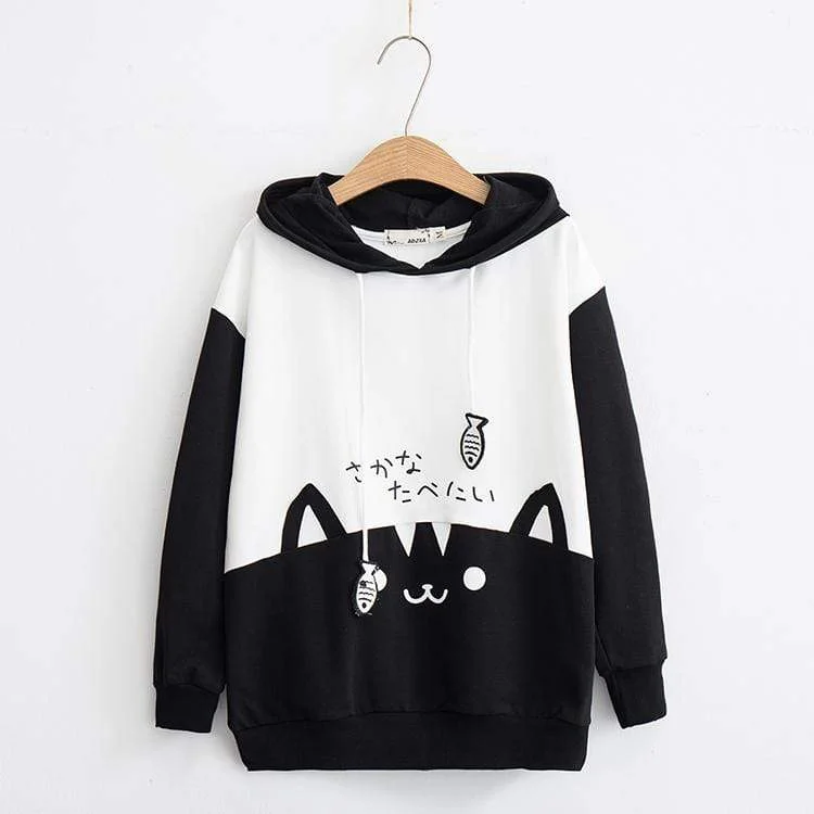 Women's Kawaii Big Cat Printed Contrast Color Hoodies