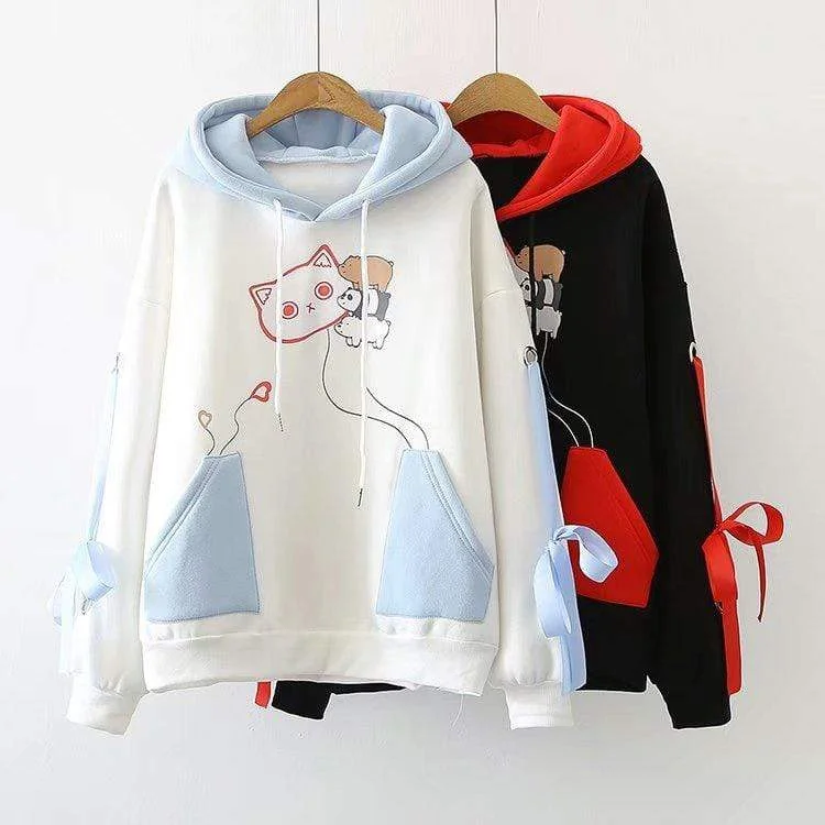 Women's Kawaii Contrast Color Cat And Bears Lace-up Sleeve Hoodies