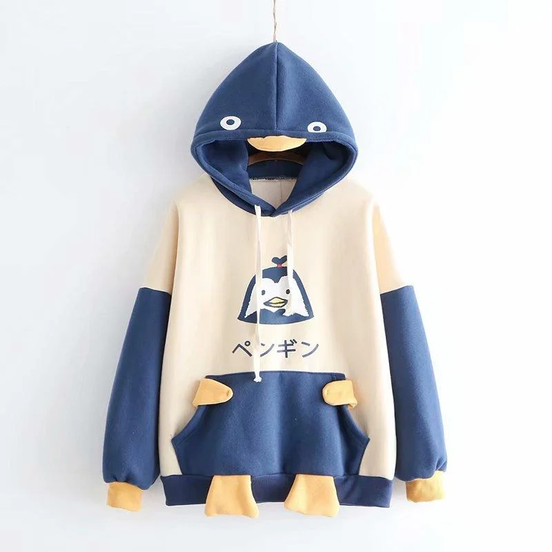 Women's Kawaii Penguin Hooded Contrast Color Hoodies