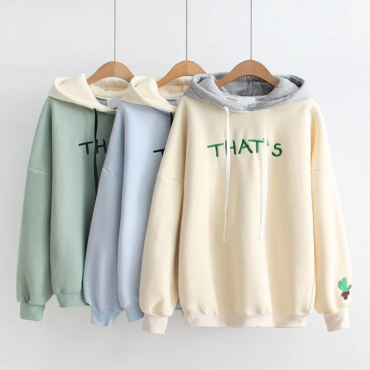 Women's Korean Fashion ""That's"" Embroidered Contrast Color Hoodies 