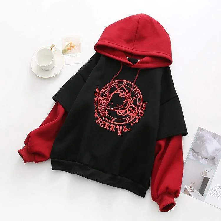 Women's Sweet Contrast Color Strawberry Magic Circle Hoodies