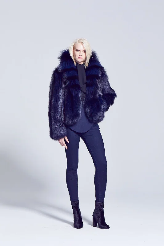 Anya Navy Silver Fox Fur Jacket