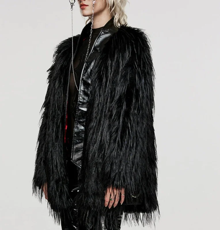 Black Fake Fur Coat w/ Vinyl Pieces