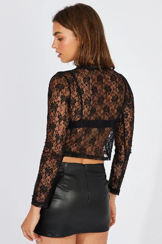 Black Lace Top Tie Front Long Sleeve