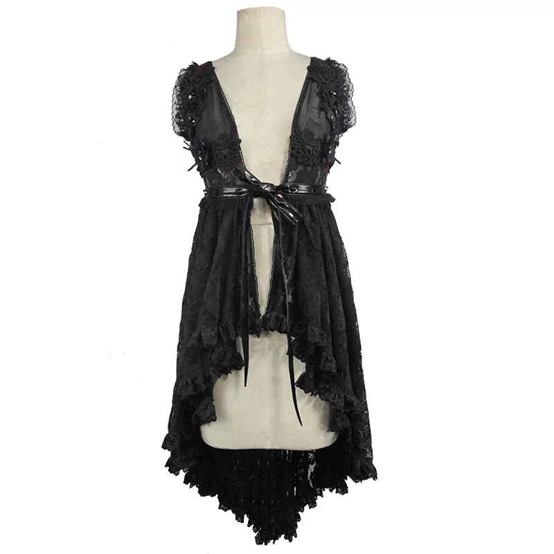 Black Nipped Waist Rose Floral Mesh Lingerie/Coat