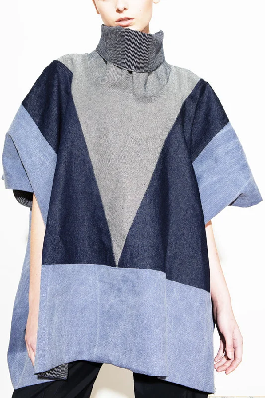 BLUE DENIM BLOCK PONCHO