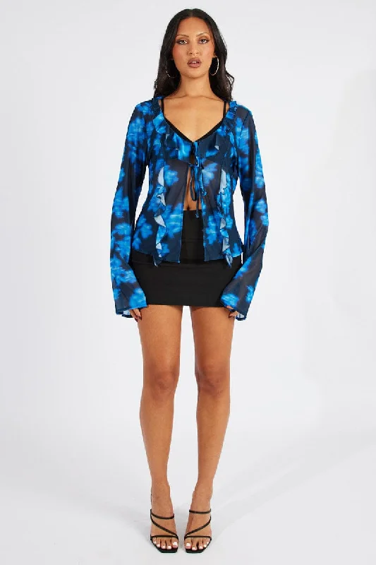 Blue Floral Frill Split Top Tie Front Long Sleeve