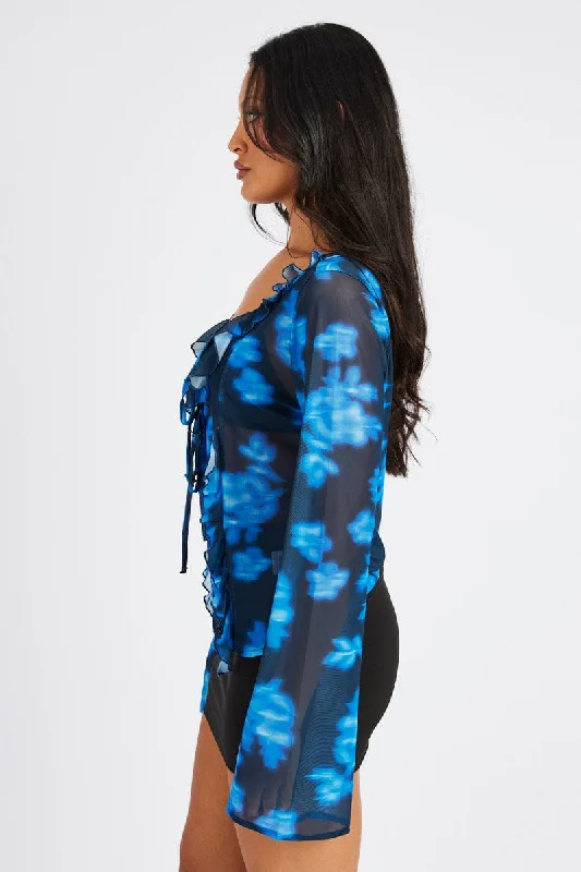 Blue Floral Frill Split Top Tie Front Long Sleeve