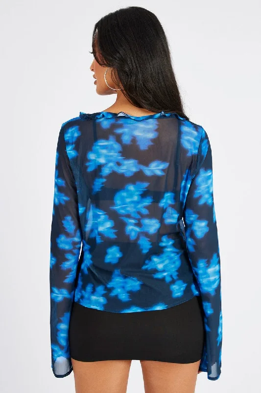 Blue Floral Frill Split Top Tie Front Long Sleeve