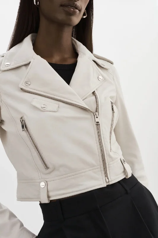 Ciara Leather Crop Moto Jacket - White