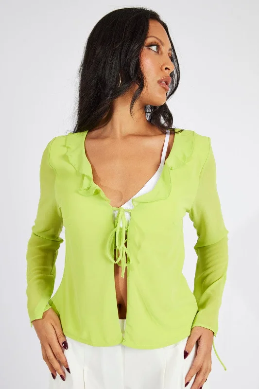 Green Frill Split Top Tie Front Long Sleeve