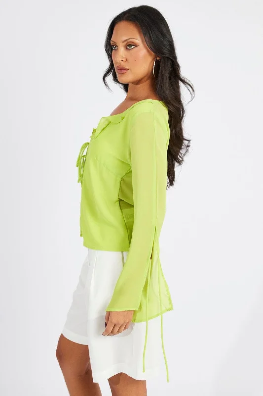 Green Frill Split Top Tie Front Long Sleeve