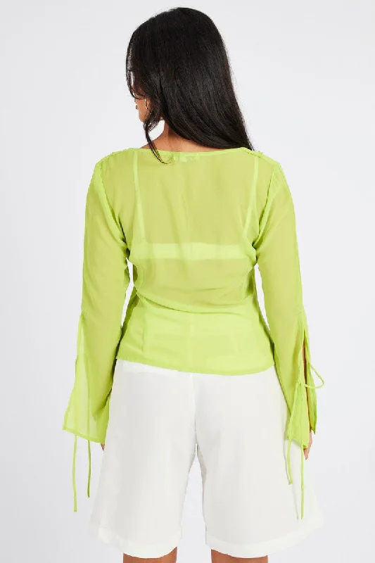 Green Frill Split Top Tie Front Long Sleeve