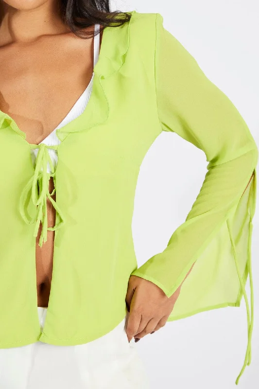 Green Frill Split Top Tie Front Long Sleeve