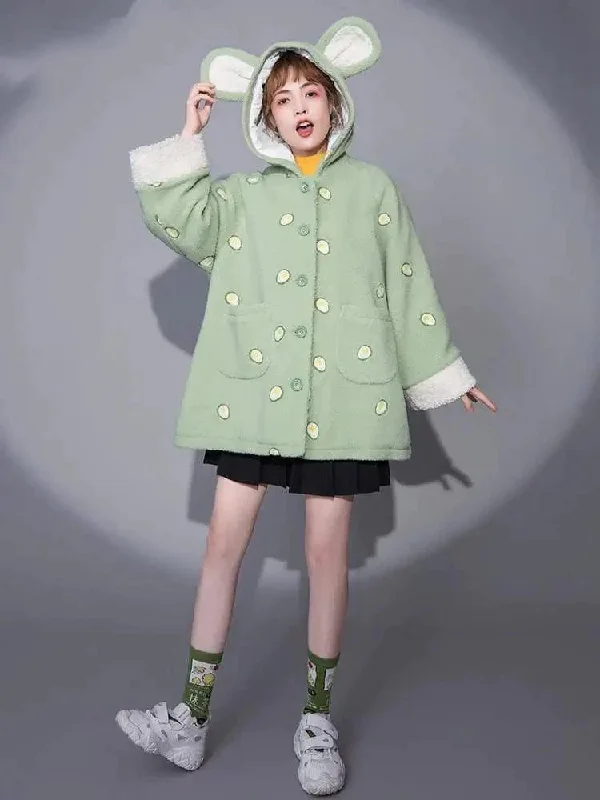 Printed cartoon hooded lamb wool coat