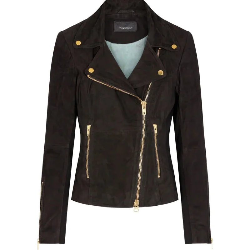 Women's Dark Brown Suede Leather Biker Jacket | Stylish Outerwear