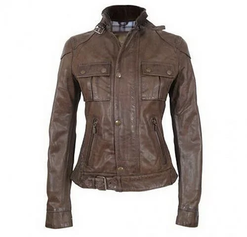 Super Double Pocket Women Classic Dark Brown Leather Jacket