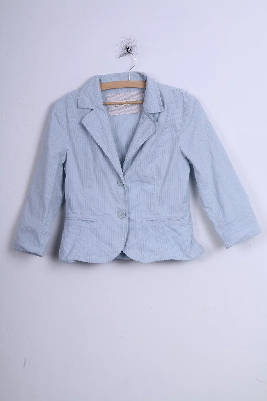 Veronika Maine Womens 10 M Blazer Jacket Single Breasted Blue 3/4 Sleeves Striped Cotton