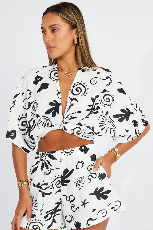 White Abstract Tie Up Bolero Short Sleeve