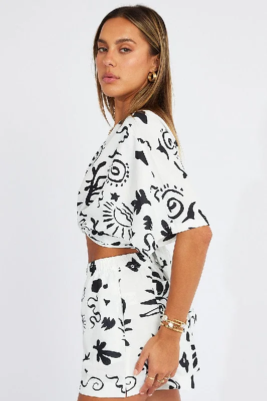 White Abstract Tie Up Bolero Short Sleeve