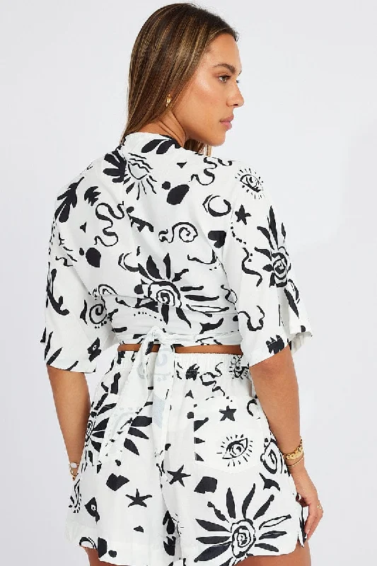 White Abstract Tie Up Bolero Short Sleeve