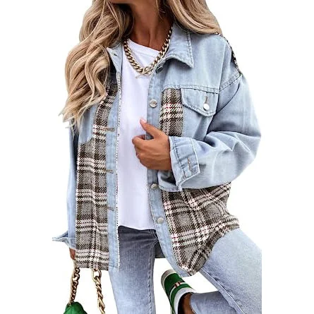 Women's Denim Jacket Long Sleeve Plaid Button Down Shirts Shacket