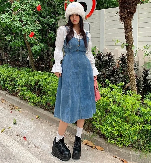 Alexis Solid Color White Long Sleeve Shirt Denim Blue Dress Matching Set