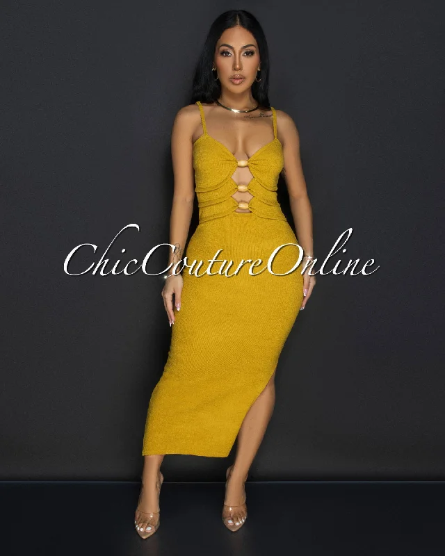 Ariah Mustard Wood Accent Knit Midi Dress